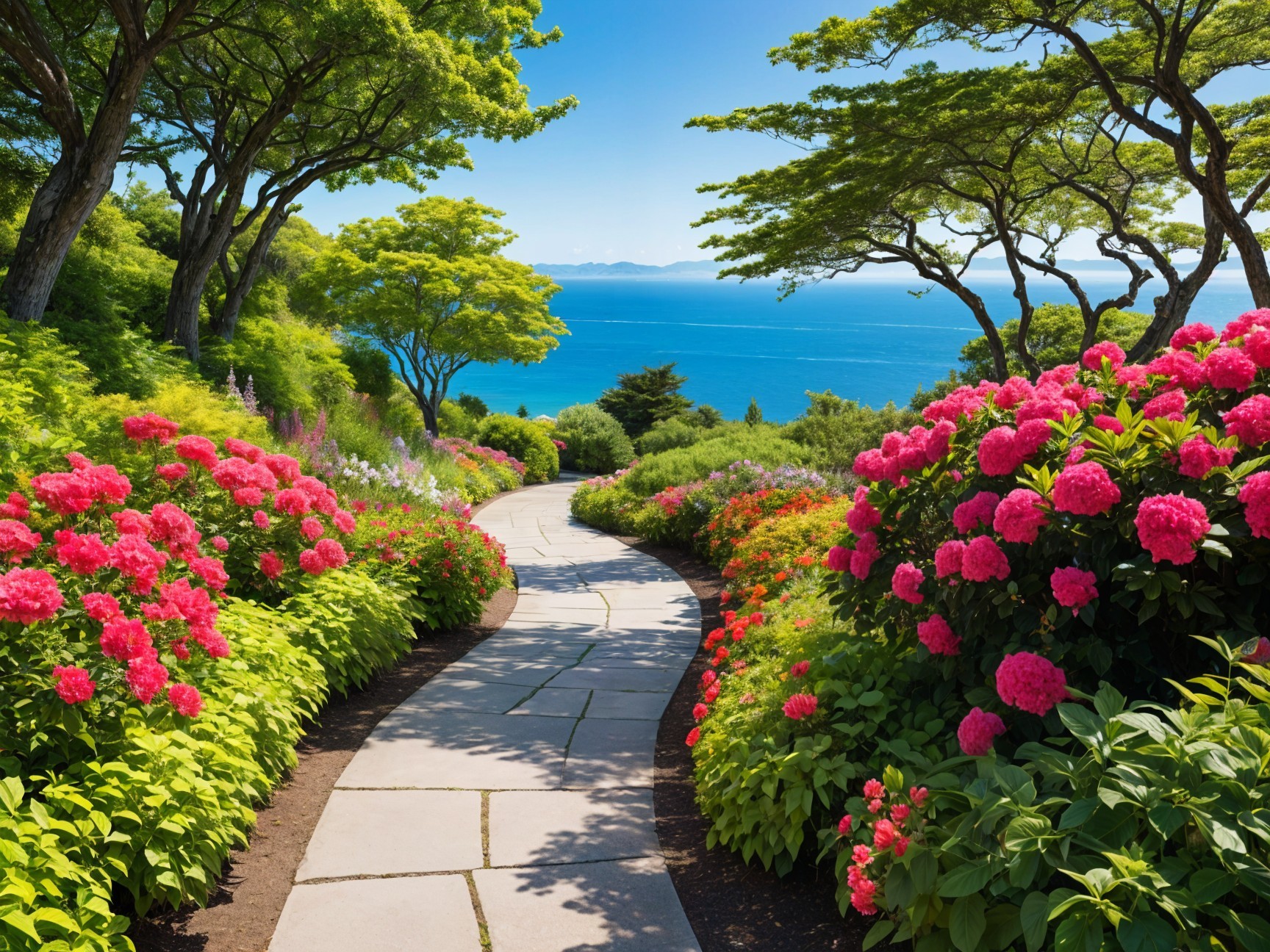 Serene Pathway Through a Vibrant Garden Landscape