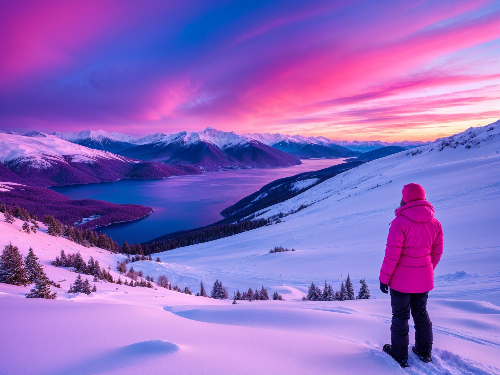 Person in Pink Jacket on Snowy Hill at Twilight