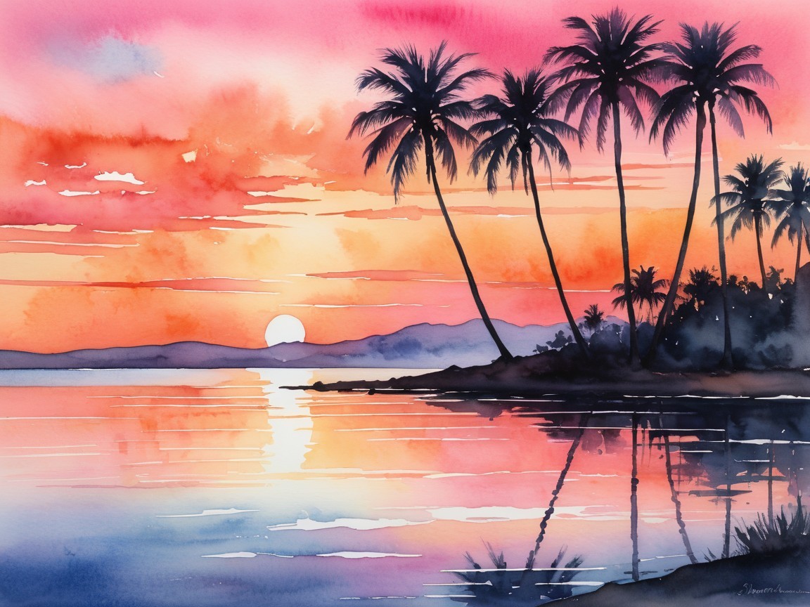 Serene Sunset Over Tranquil Water with Palm Trees