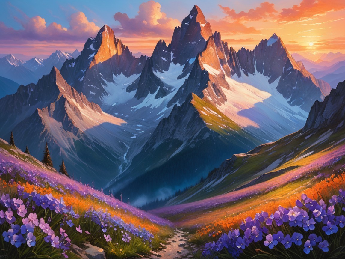 Detailed Landscape of Snow-Capped Mountains at Sunset