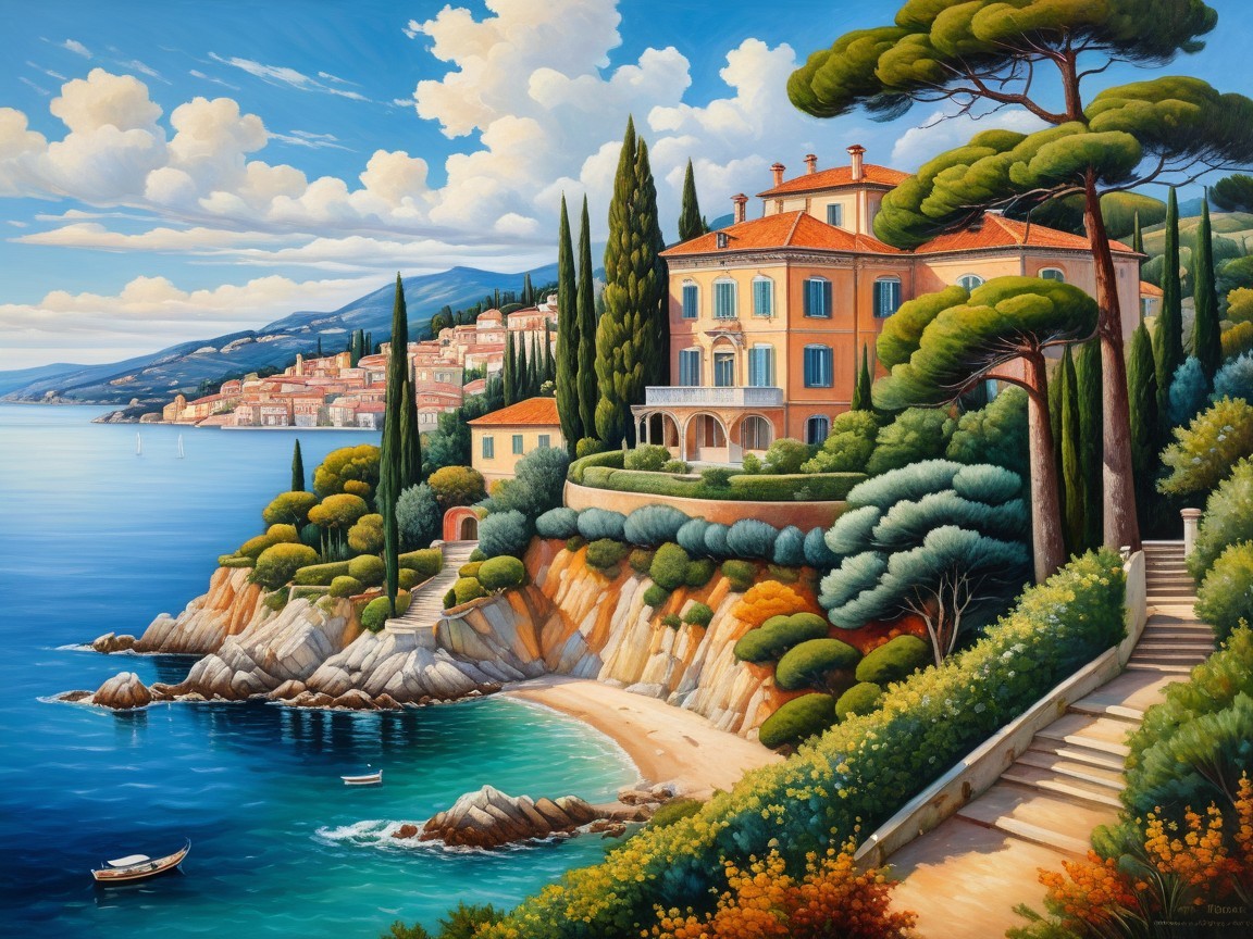 Coastal Villa Overlooking Blue Waters and Lush Foliage