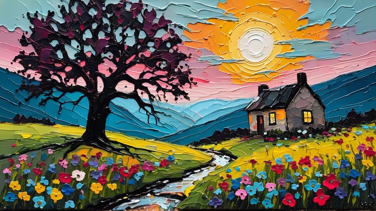 Vibrant Landscape with Sunset, Cottage, and Stream