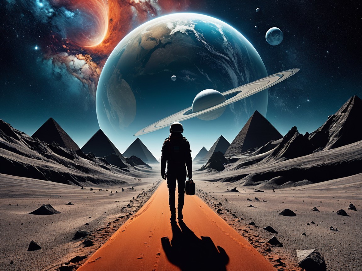 Astronaut Walking on Glowing Path in Surreal Desert