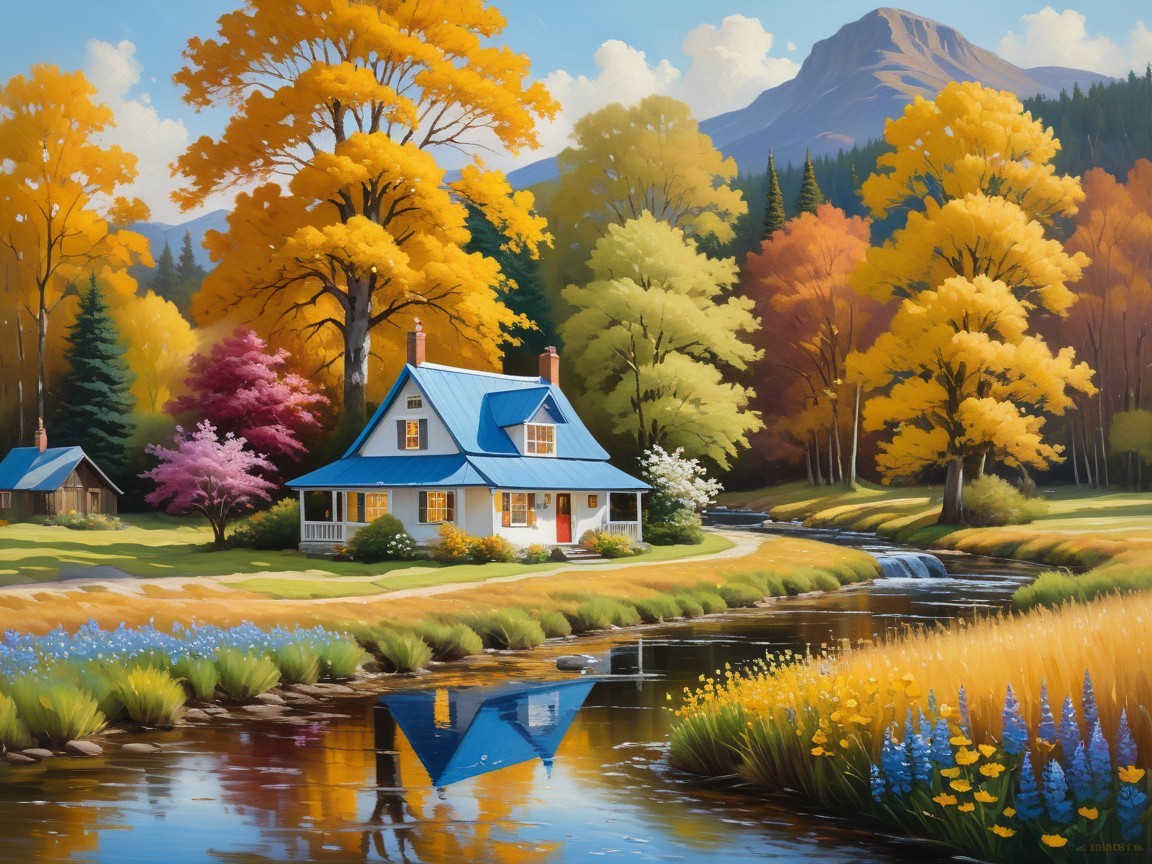 Autumn Landscape with White House and Stream