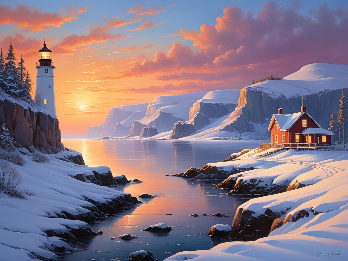 Winter Landscape with Sunset, Snow, and River