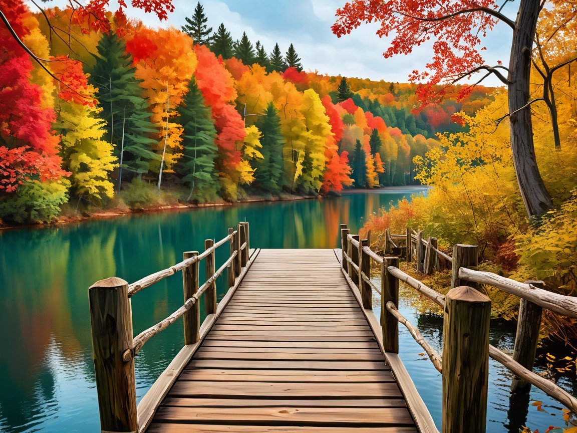 Wooden dock on tranquil lake with vibrant fall foliage