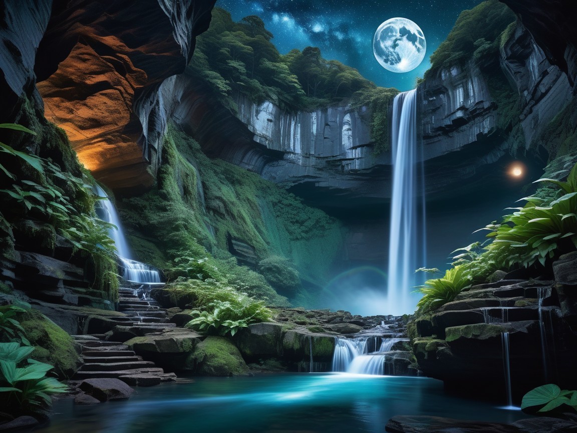 Dramatic Digital Painting of a Nighttime Waterfall Scene