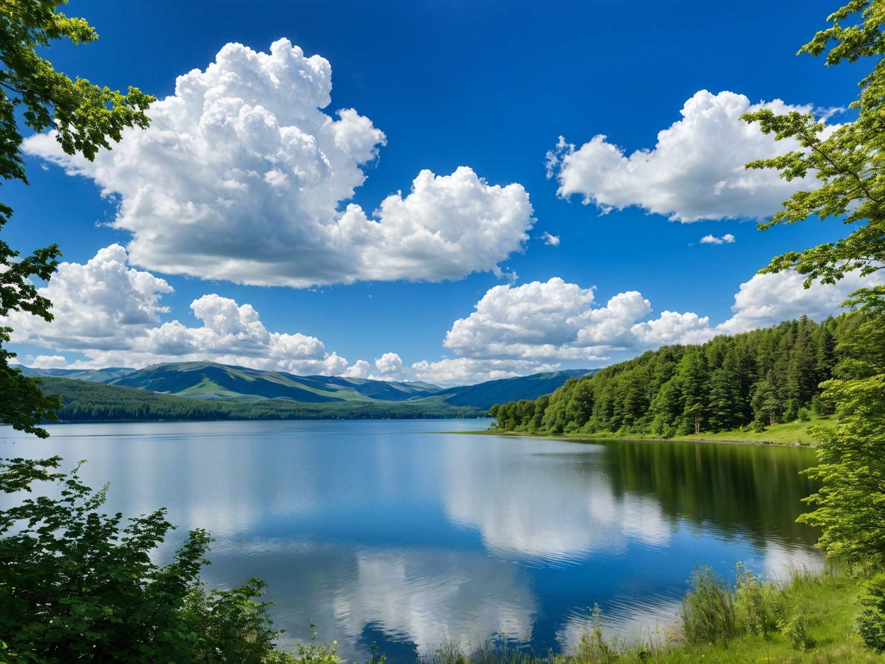 Tranquil Lake Surrounded by Lush Greenery and Hills