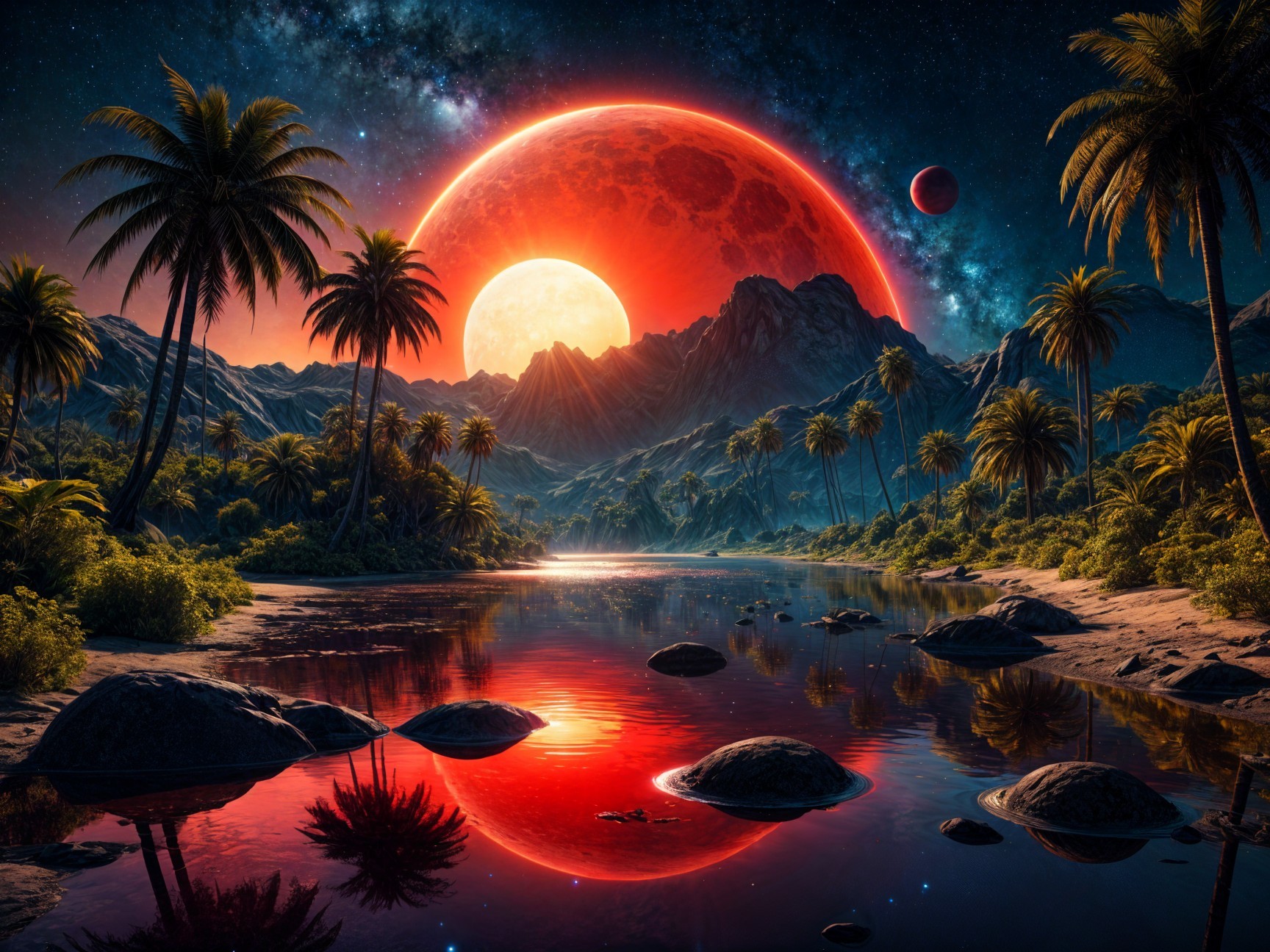 Surreal Landscape with River and Cosmic Elements