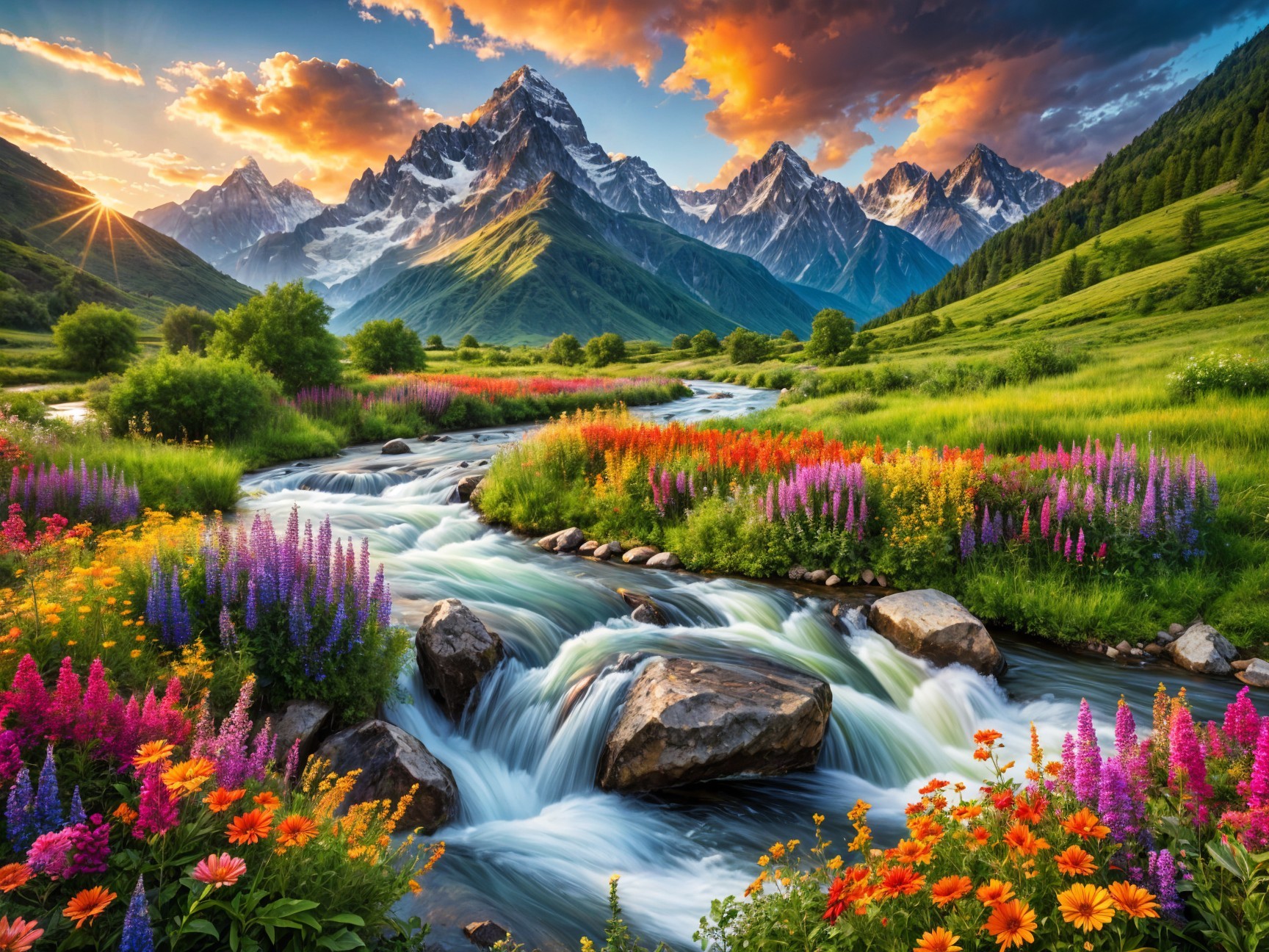 Vibrant River Through Lush Meadows and Mountains