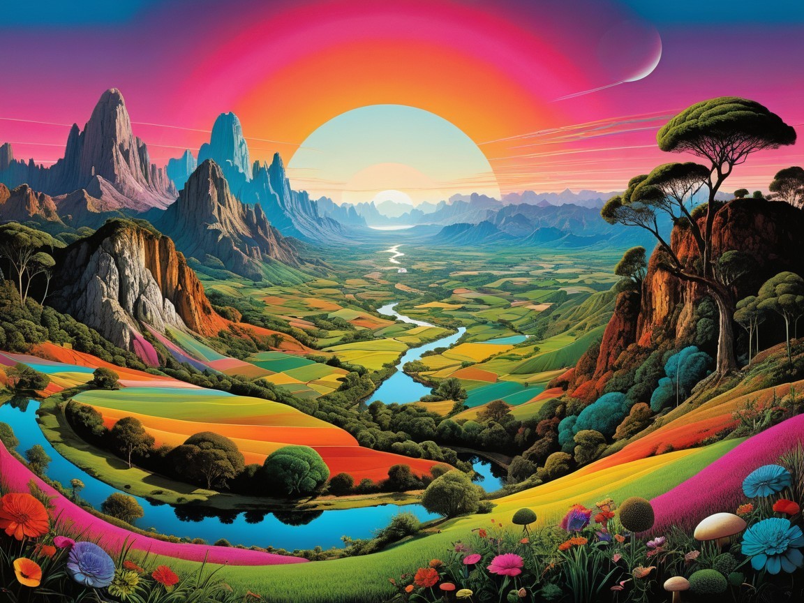 Vibrant Landscape with Mountains and Colorful Valley