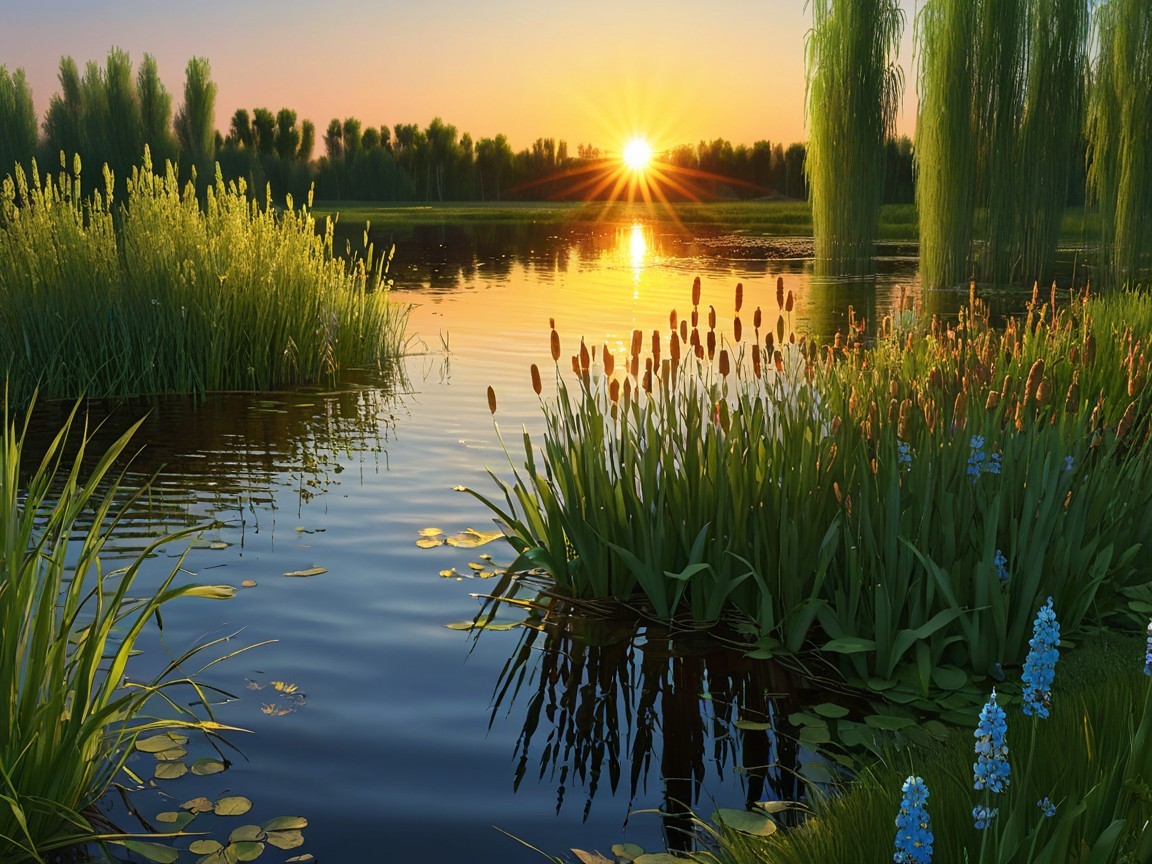 Serene Sunrise Landscape with Tranquil Lake and Flora