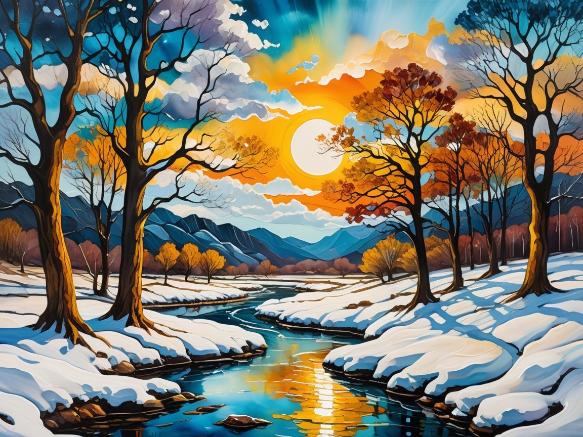Vibrant Landscape with River and Snowy Terrain