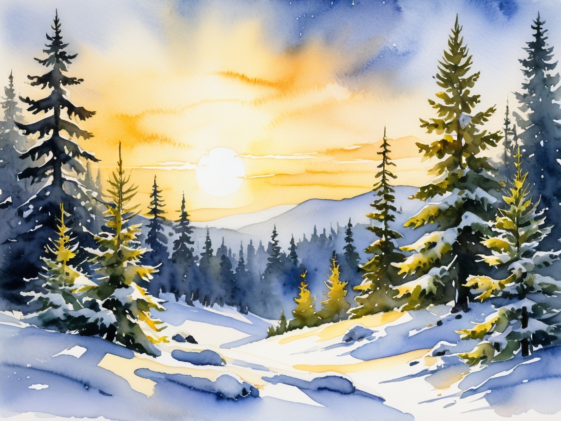 Serene Winter Landscape with Snow and Sunset Colors