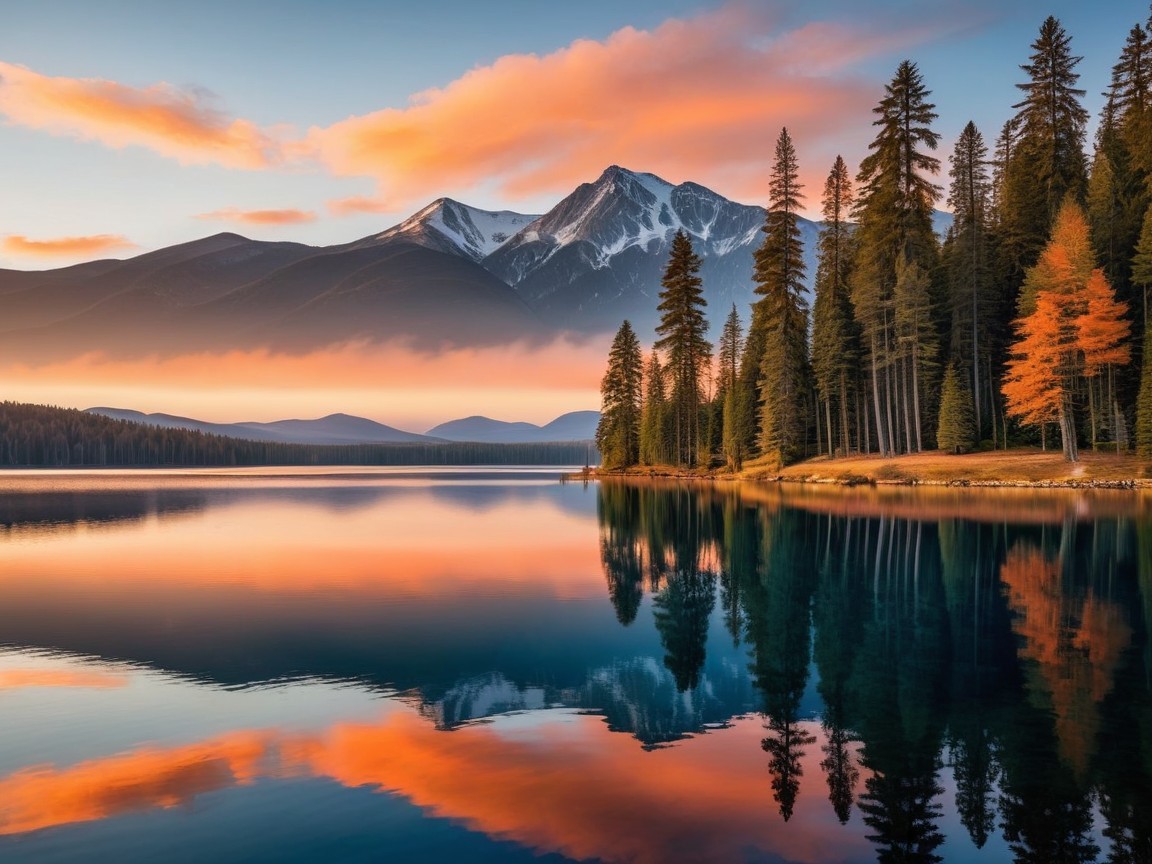 Sunset Over Serene Lake with Majestic Mountains