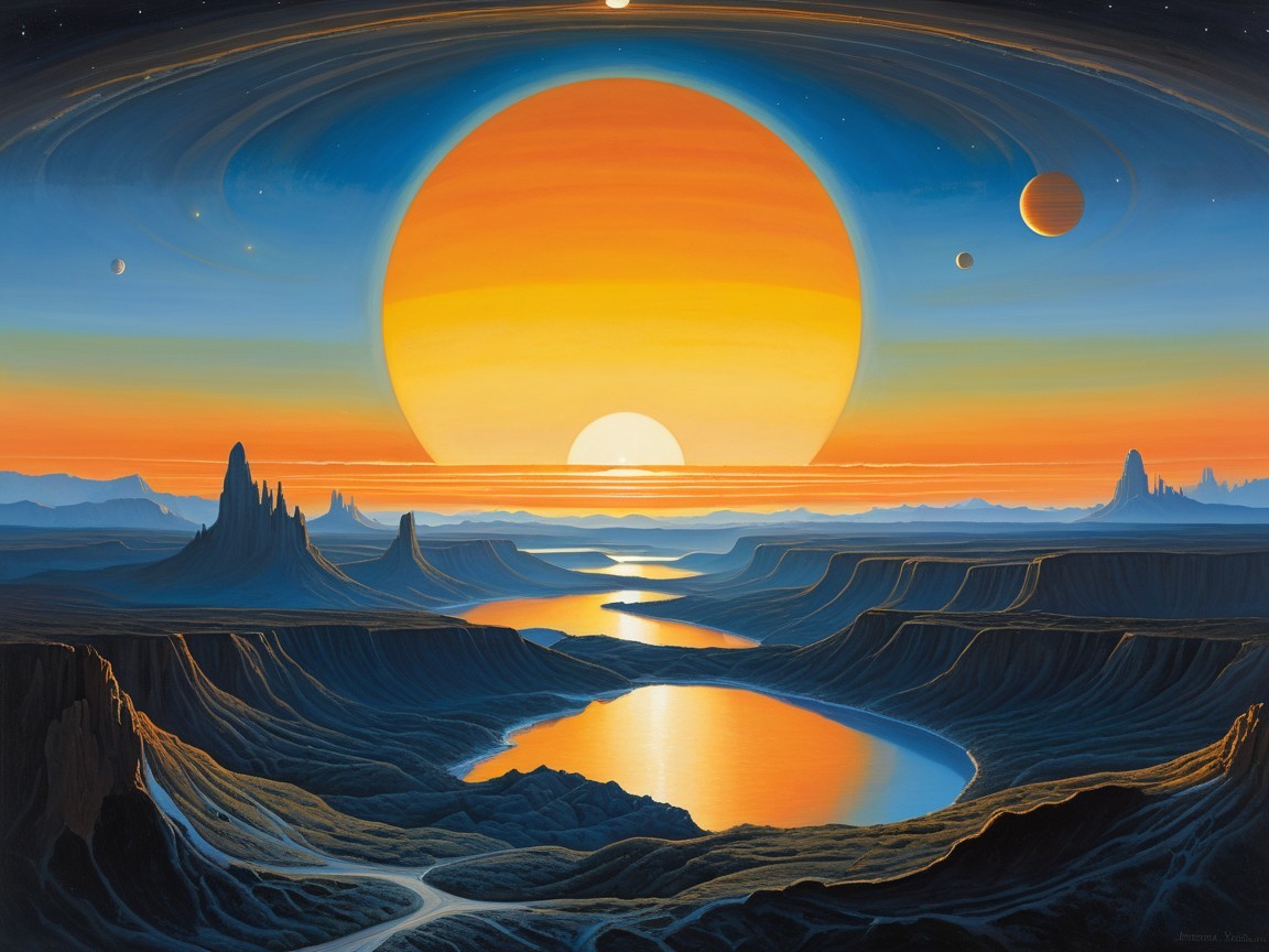 Alien Landscape with Orange Sun and Winding River