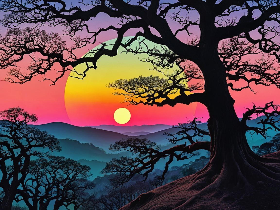Vibrant Sunset Over Hills with Silhouetted Tree