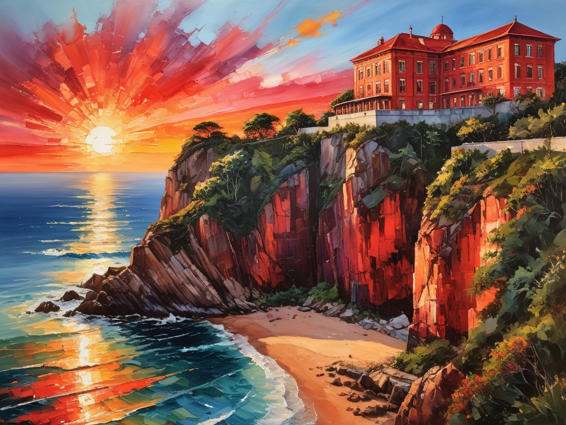 Coastal Sunset with Red Cliff and Grand Building