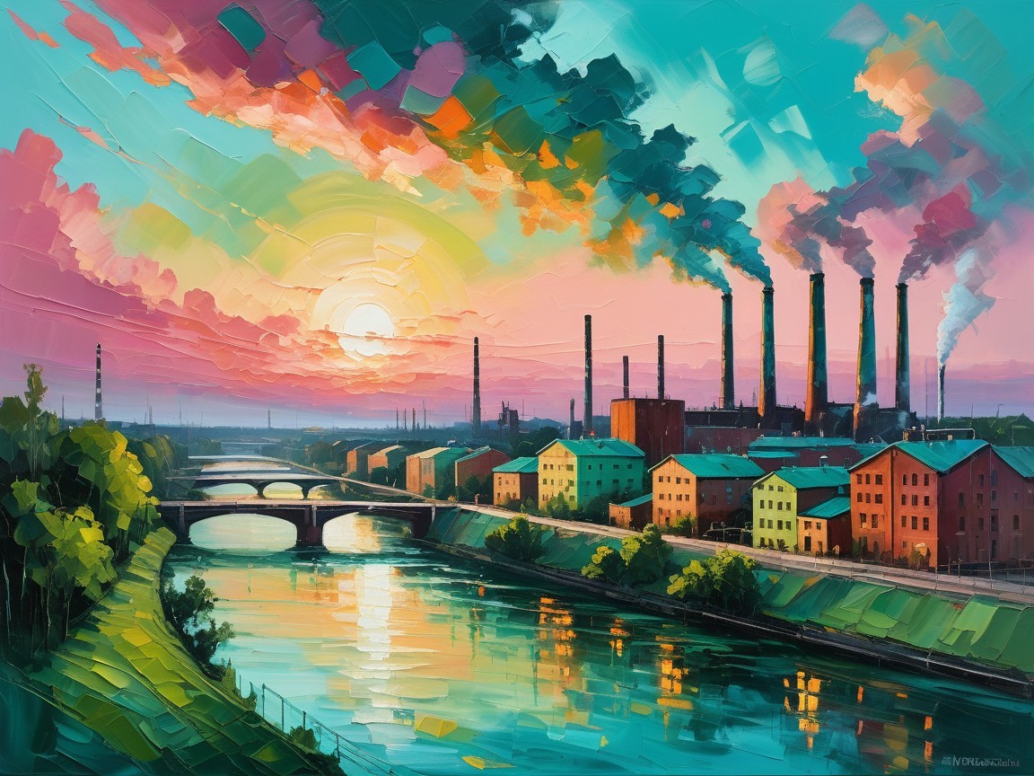 Vibrant Sunset Over an Industrial Landscape and River