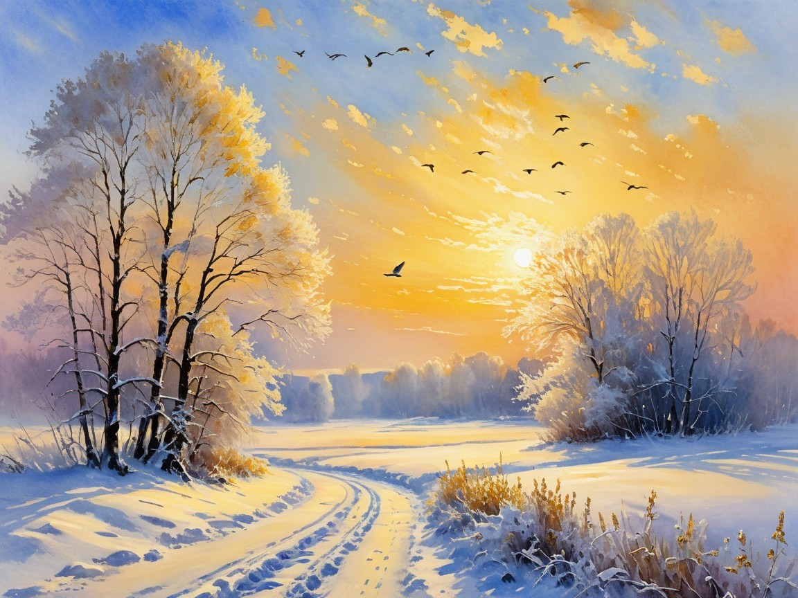 Vibrant Winter Landscape with Sunrise and Bird Silhouettes