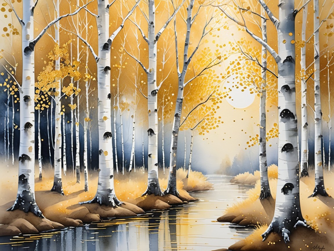 Serene Landscape of Birch Trees and Autumn Sunset
