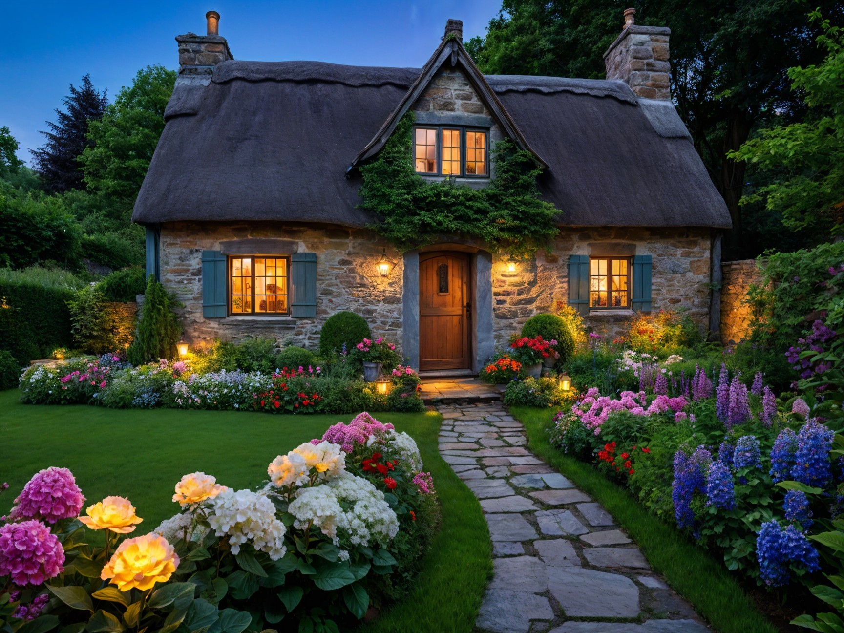 Thatched-roof cottage surrounded by vibrant gardens