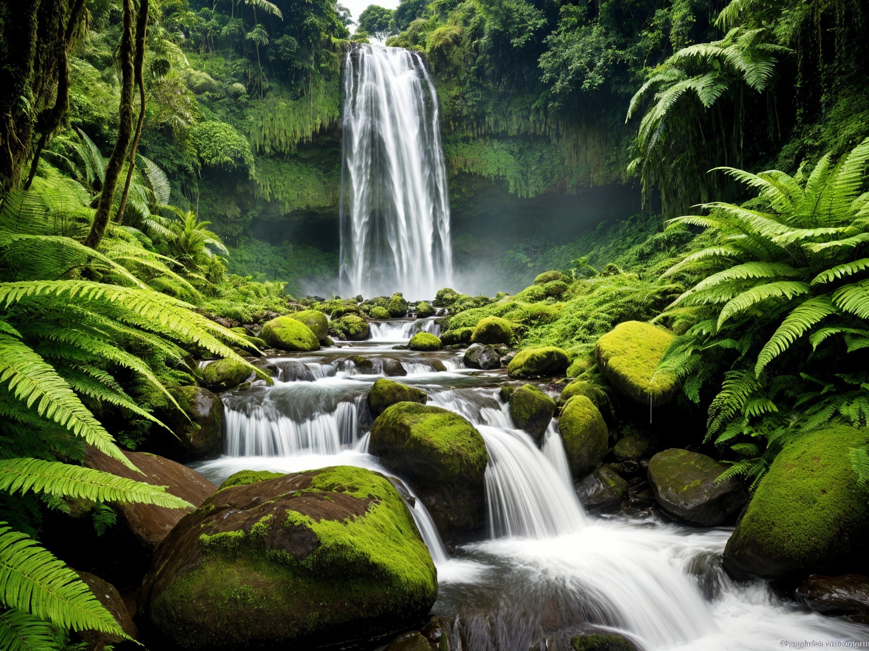 Waterfall Cascading Down Lush Green Cliff with Foliage