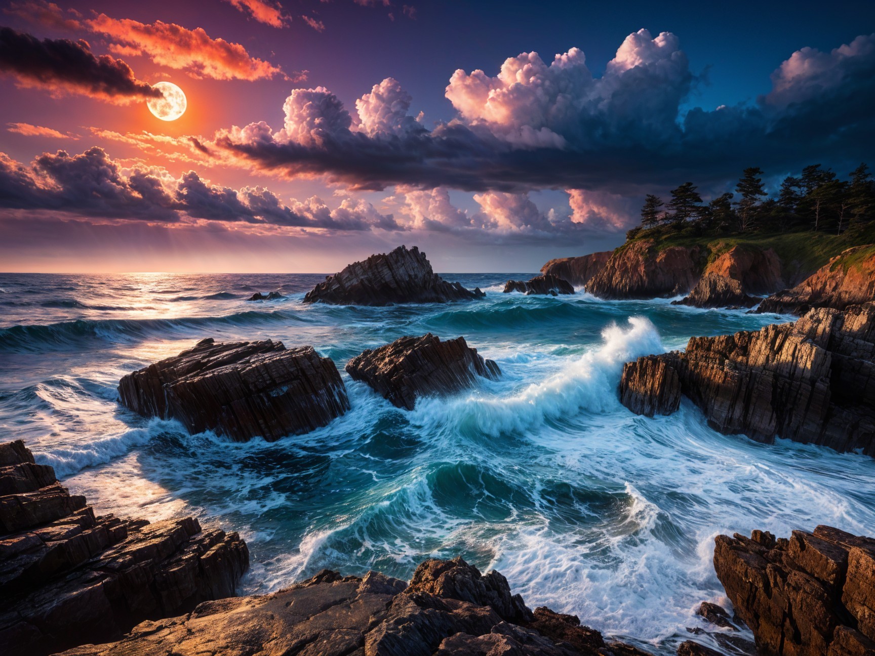 Coastal Sunset Scene with Rugged Rocks and Waves