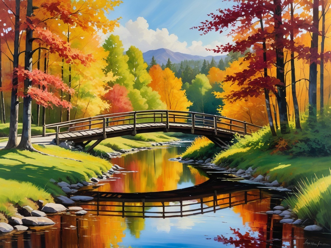 Serene Landscape with Wooden Bridge and Autumn Foliage