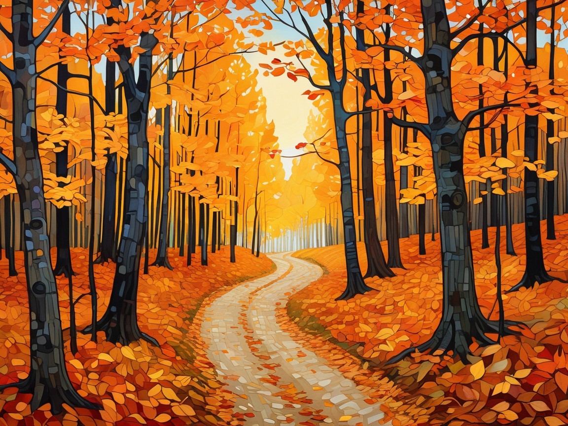Autumn Forest Path with Colorful Leaves and Light