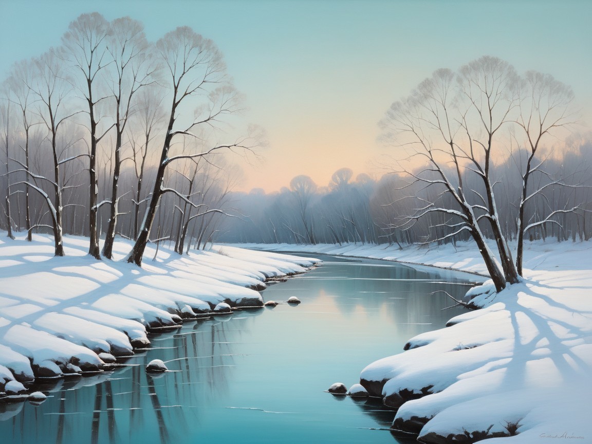 Serene Winter Landscape with Calm River and Snow