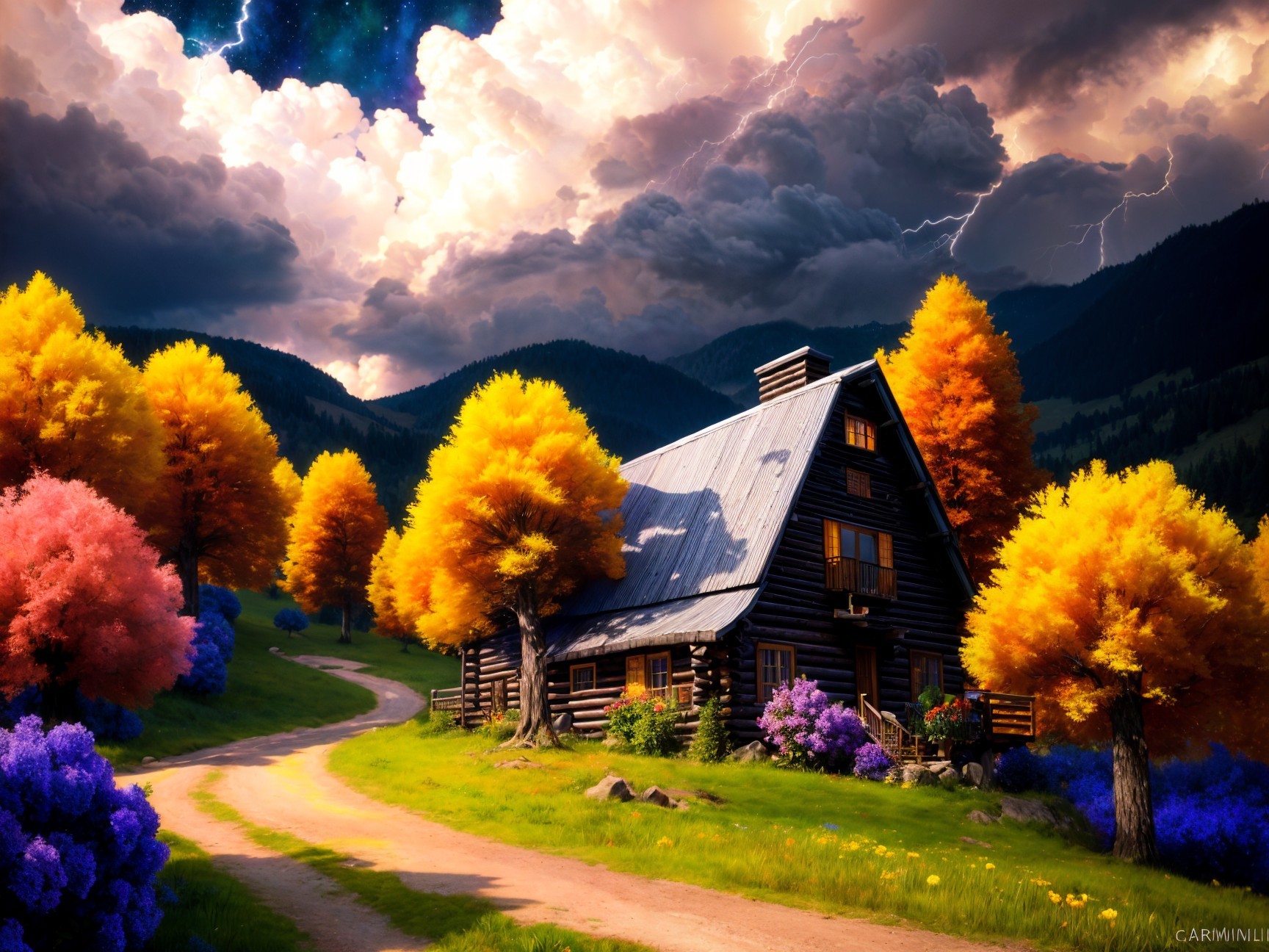 Log Cabin Surrounded by Autumn Trees and Flowers