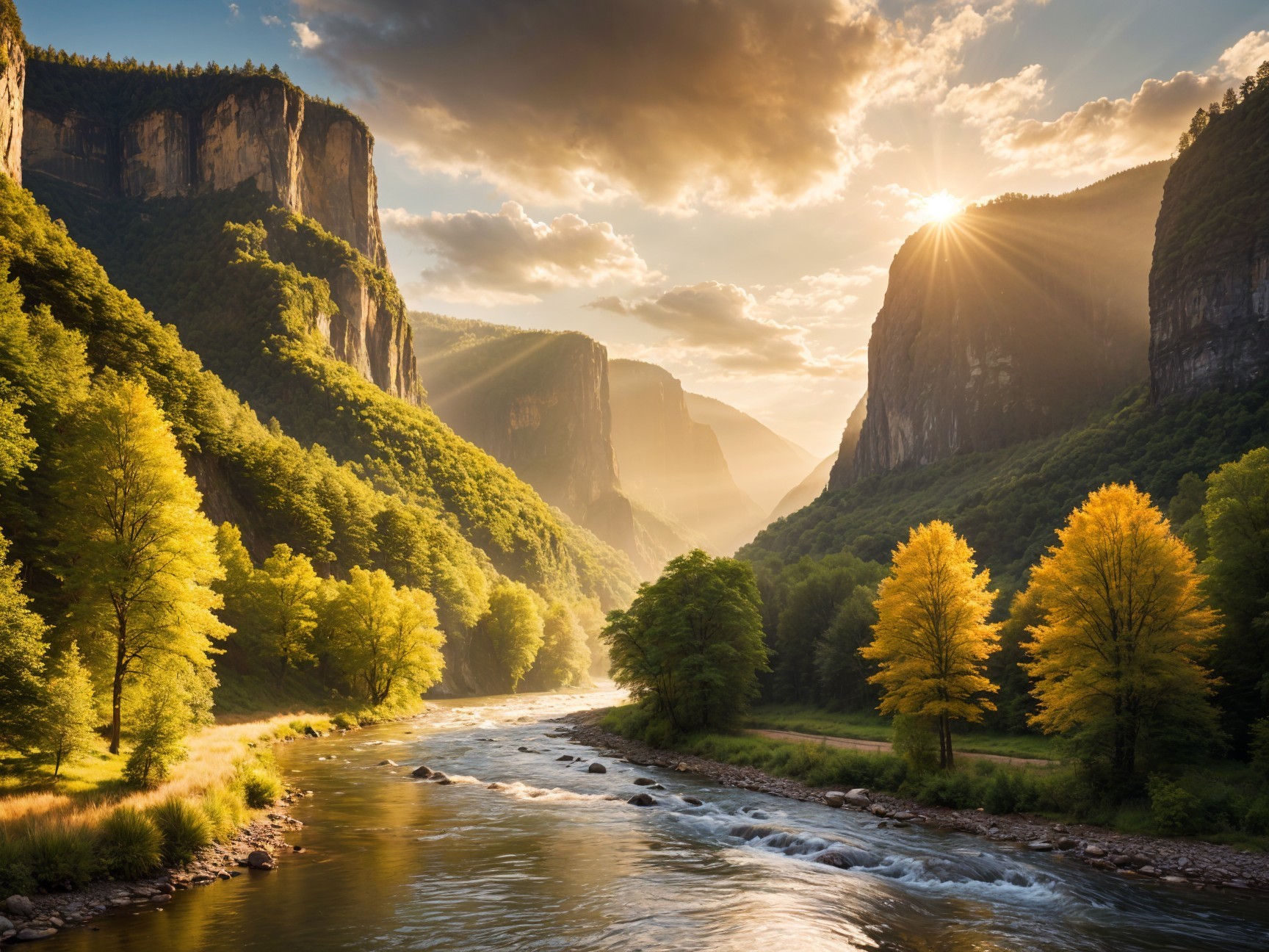 Serene Landscape with Winding River and Autumn Trees
