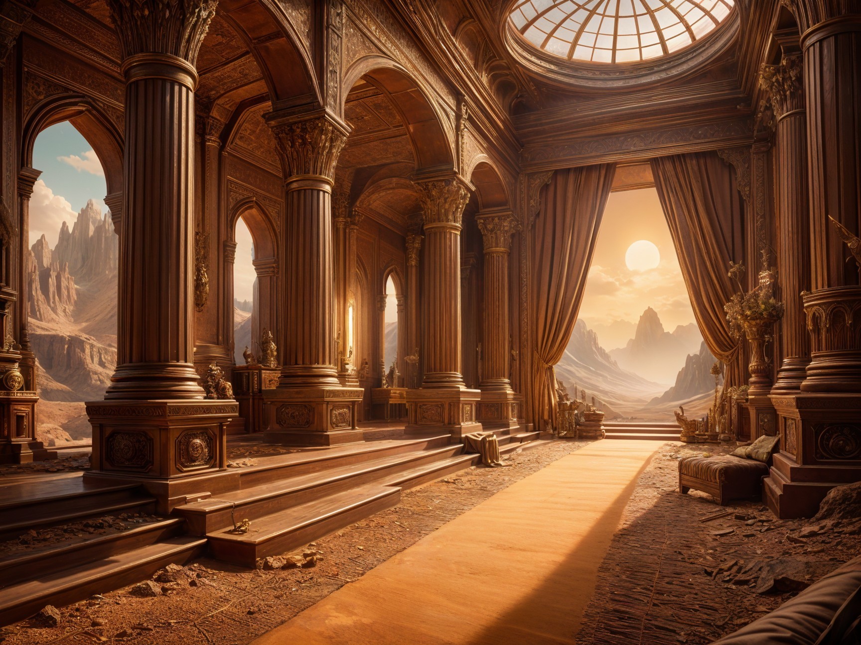 Grand Interior with Ornate Columns and Mountain View