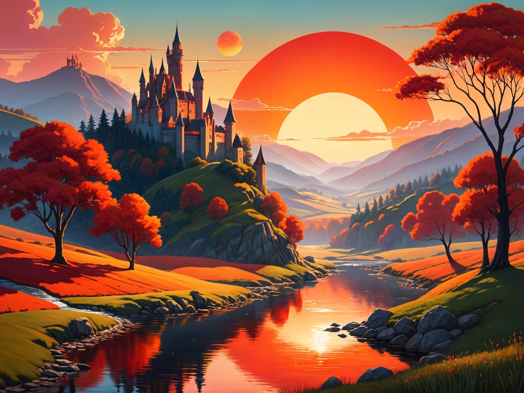 Majestic castle in a vibrant autumn landscape