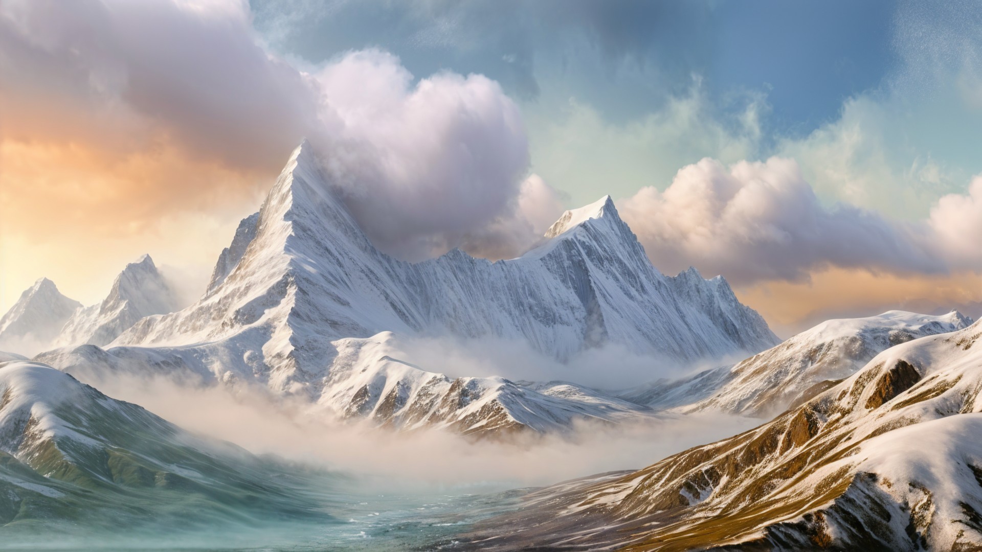 Mountain Landscape with Snow-Capped Peaks at Sunset