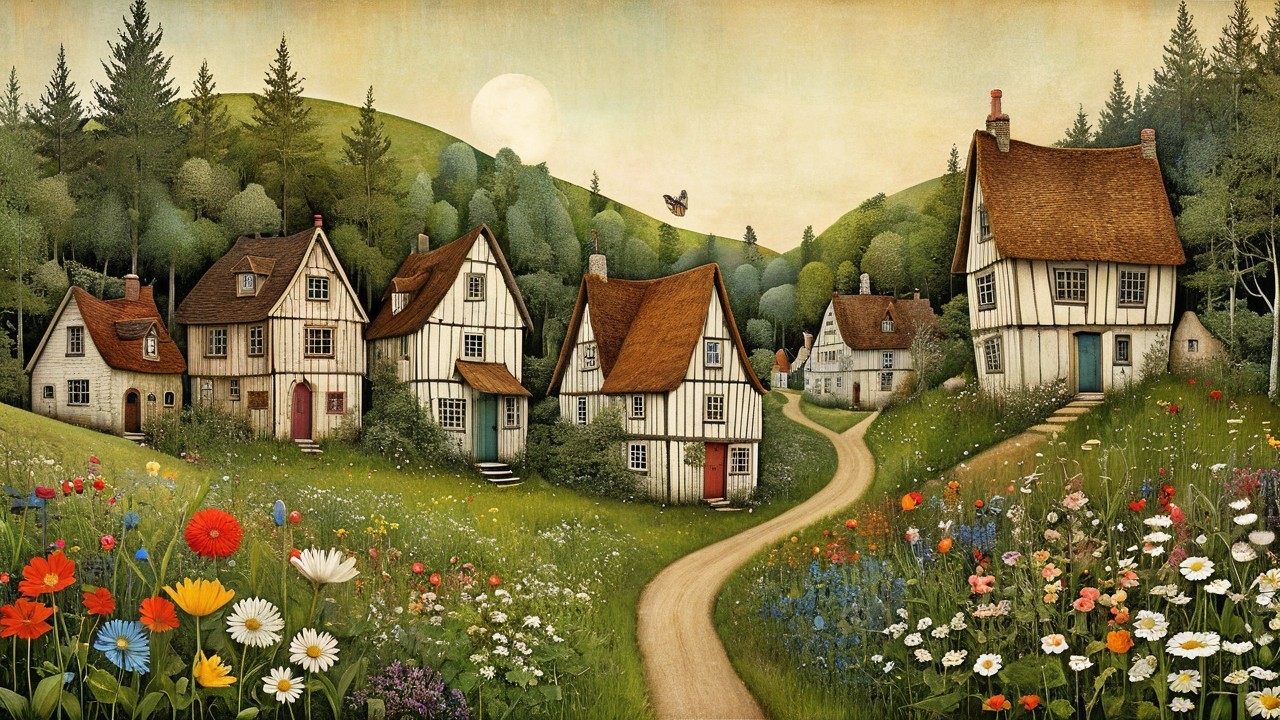 Serene Countryside Scene with Quaint Houses and Hills