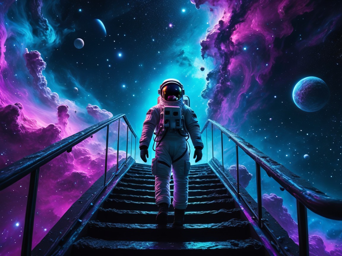 Astronaut Climbing Steps in Cosmic Nebula Background