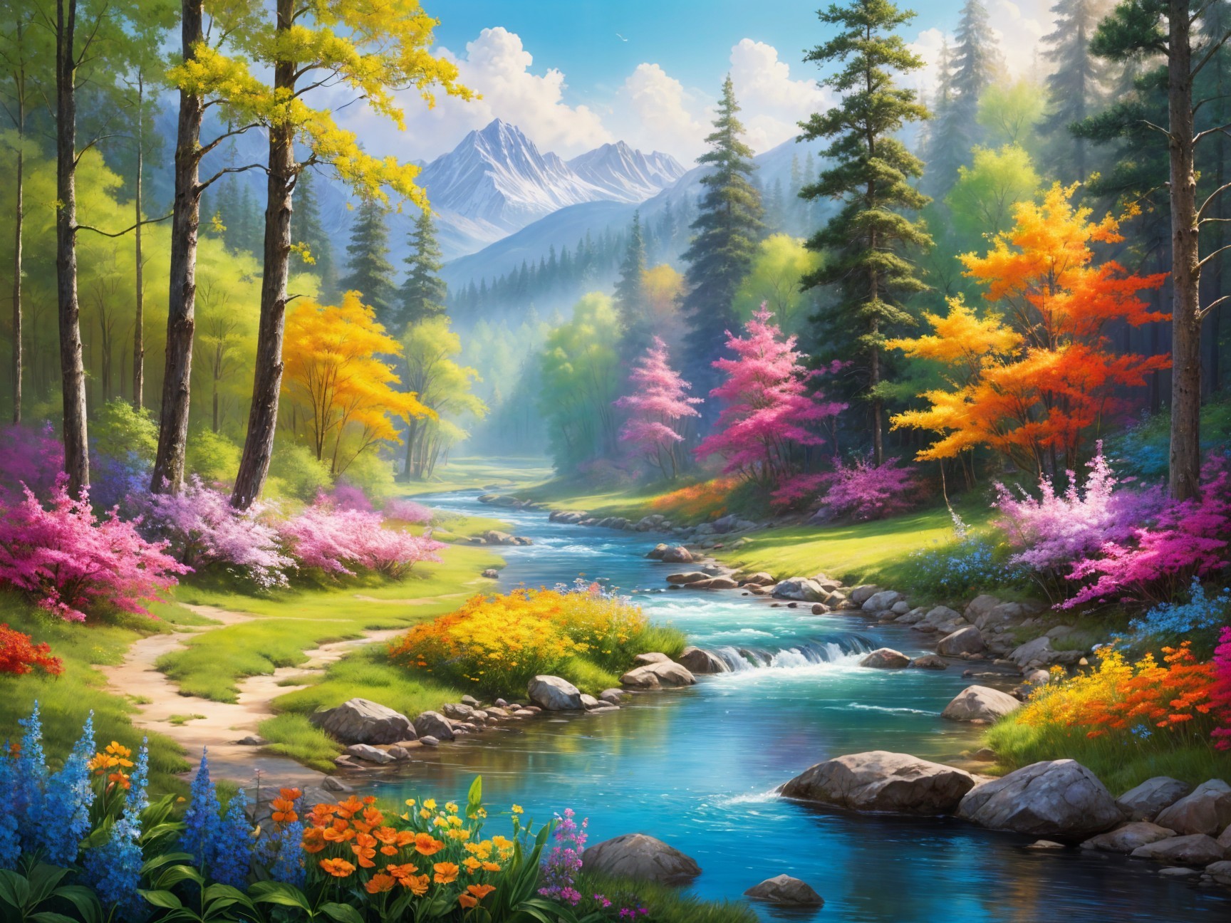 Vibrant Forest Landscape with River and Mountains