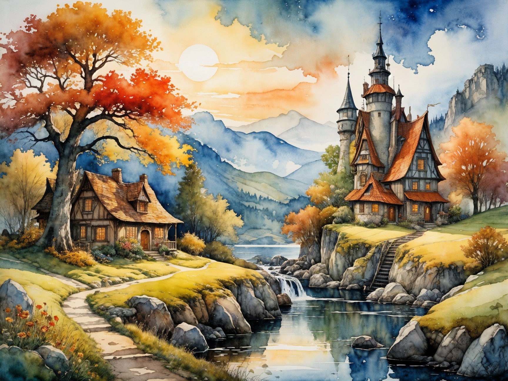 Charming Cottage and Castle in Autumn Landscape
