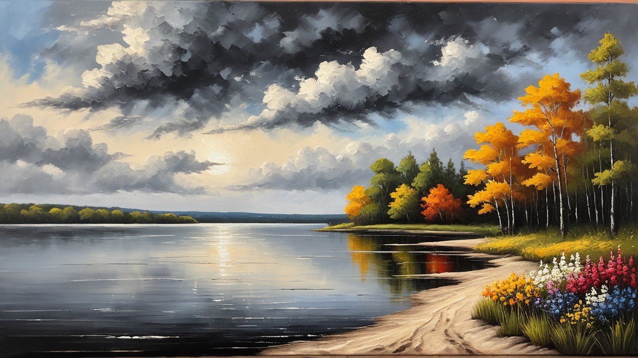 Tranquil Lake Landscape with Autumn Trees and Wildflowers