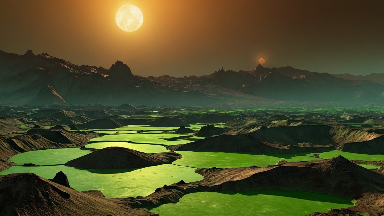Surreal Alien Landscape with Two Suns and Green Pools