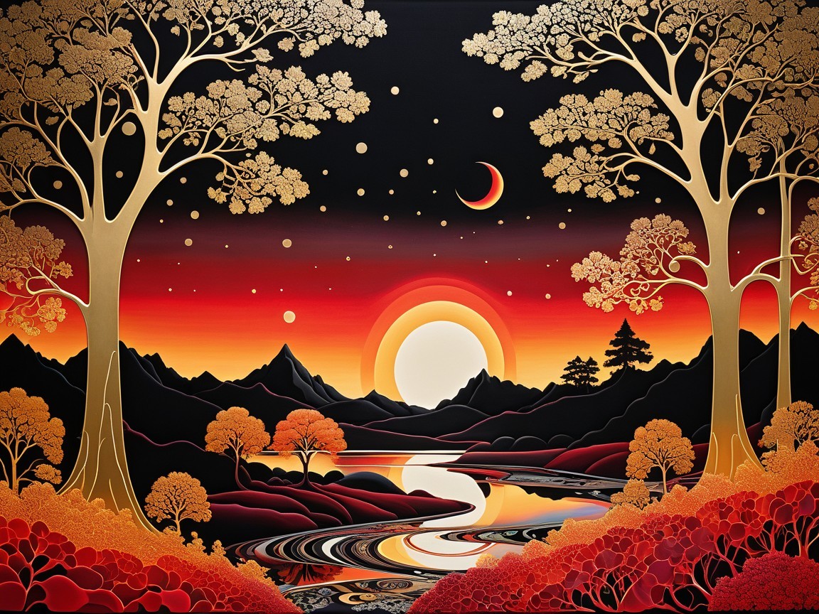 Golden Trees and Sunset Over Serene Mountains and River