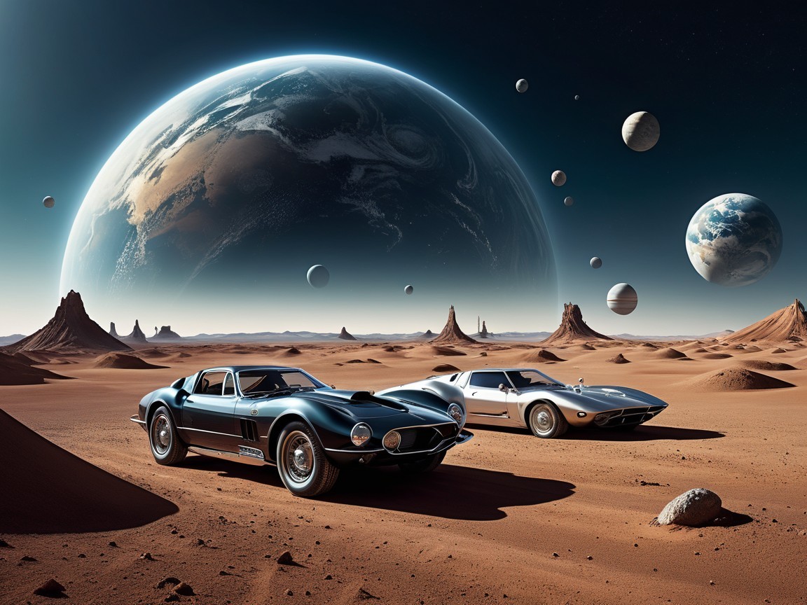 Vintage Sports Cars on a Martian Landscape