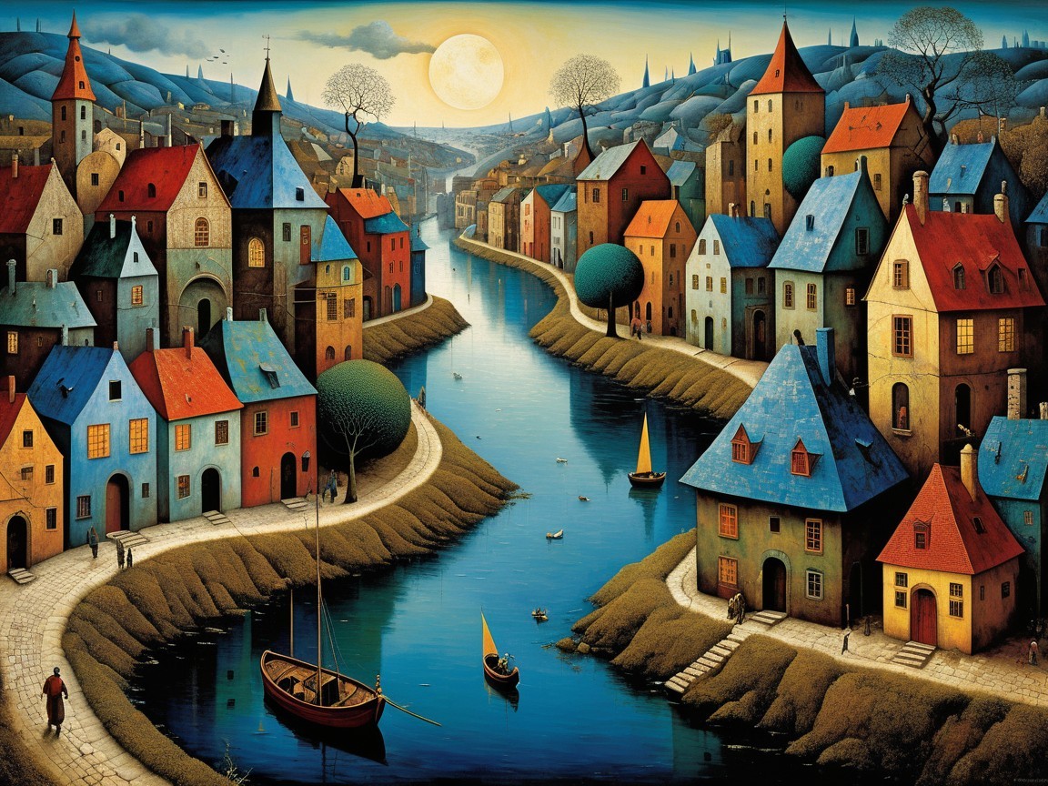 Picturesque village with colorful houses by a river
