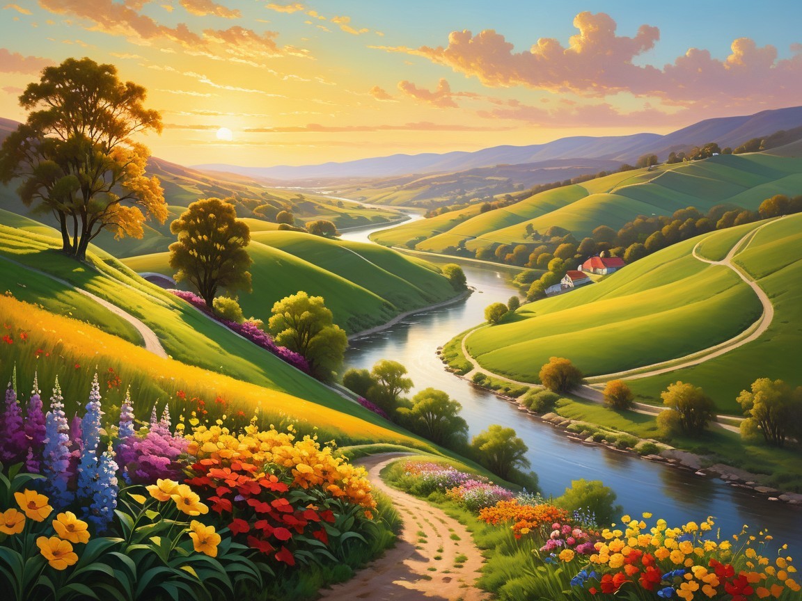 Rolling Hills and River at Sunrise with Colorful Flowers