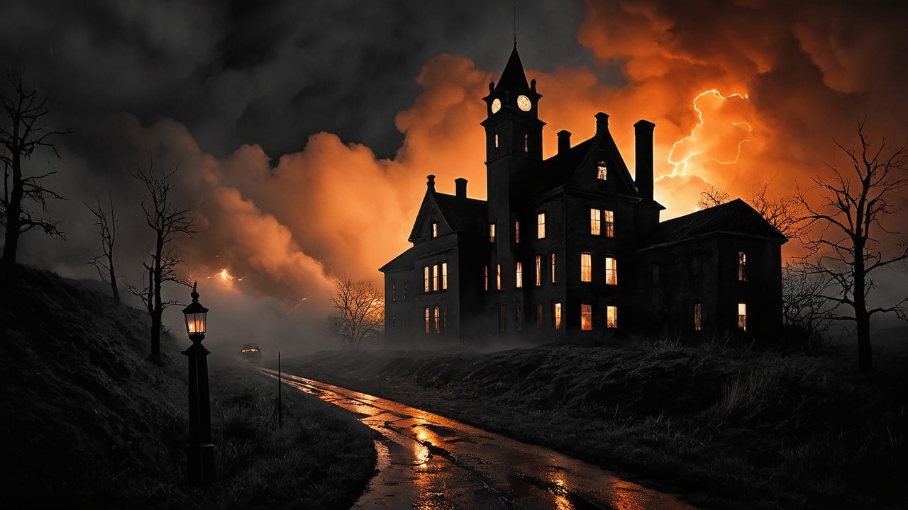 Ominous Mansion Amidst Dark Clouds and Lightning
