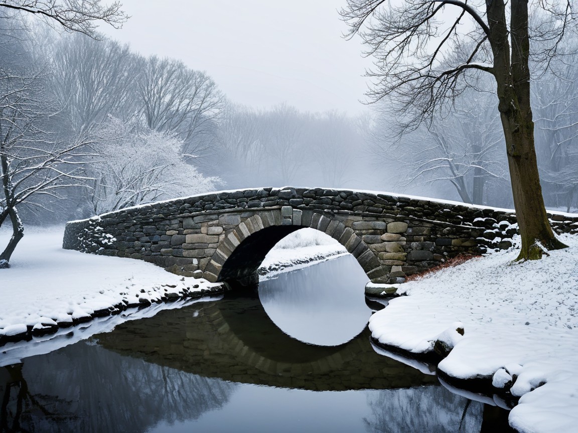 Snow-Covered Stone Arch Bridge in Winter Landscape