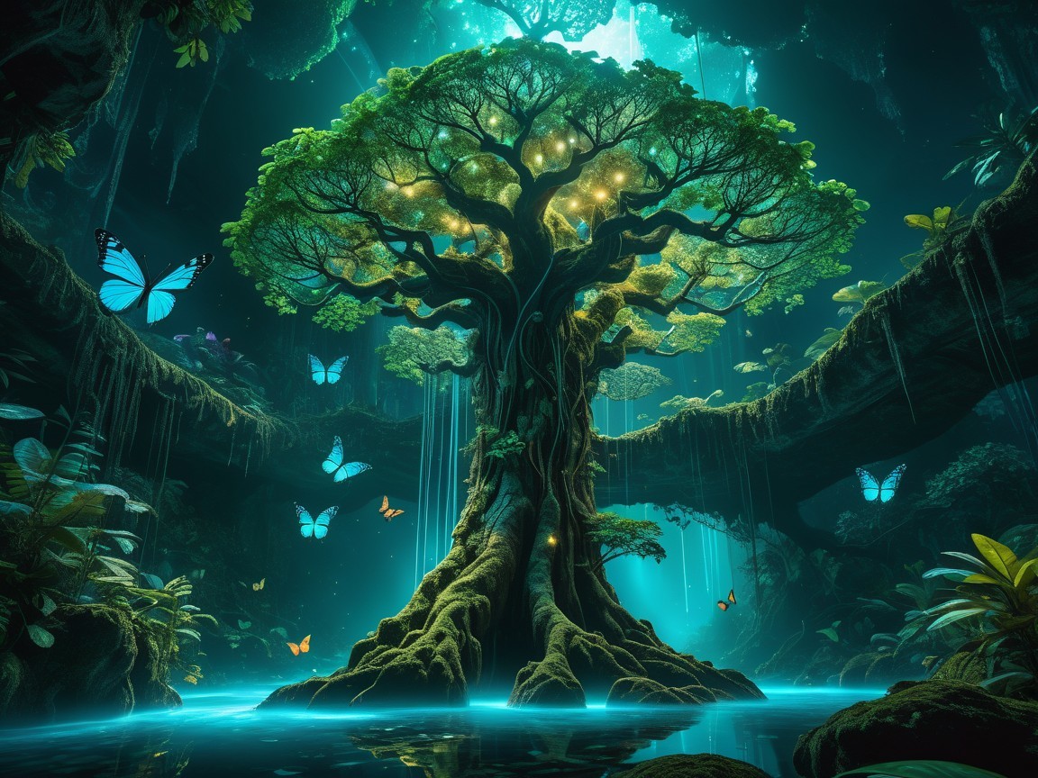 Fantasy World with Bioluminescent Cave and Butterflies