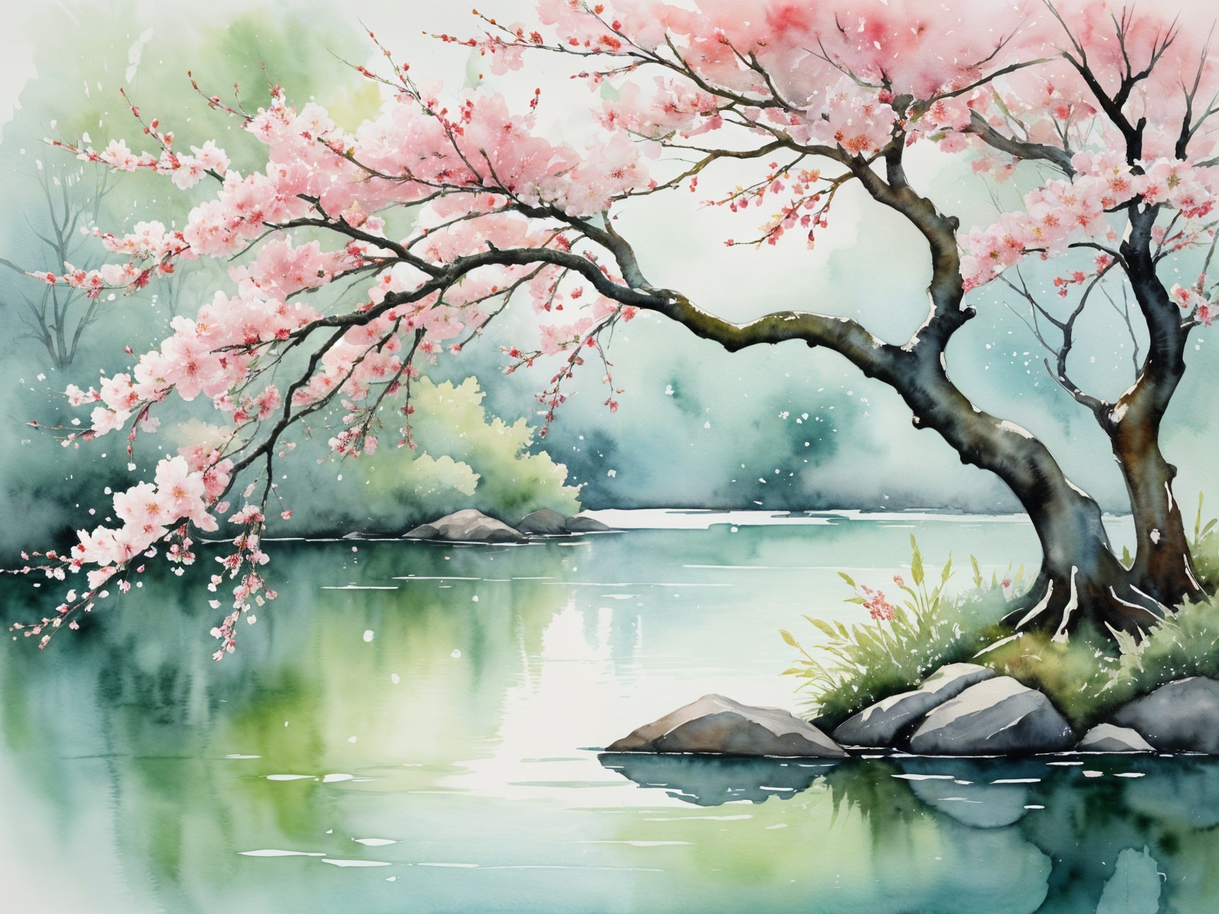 Tranquil Riverbank with Cherry Blossoms in Watercolor